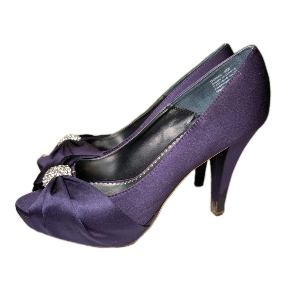 Michelangelo Diana Open Toe Heels 9 Dark Violet Lapis Satin Wedding Prom Shoe